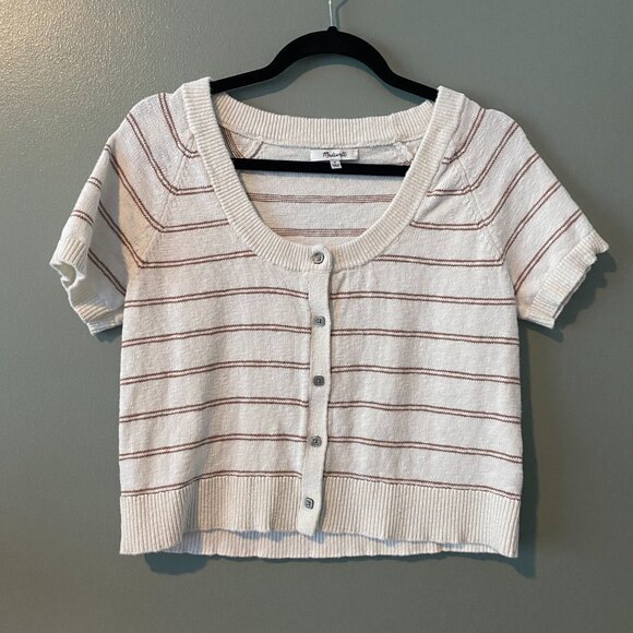 Madewell White Scoop Sweater Tee with Brown Stripes, Size Small - Picture 4 of 8